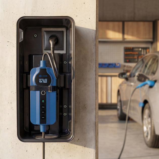 Charging cable hanging in an open wall cabinet next to a grey car in a workshop
