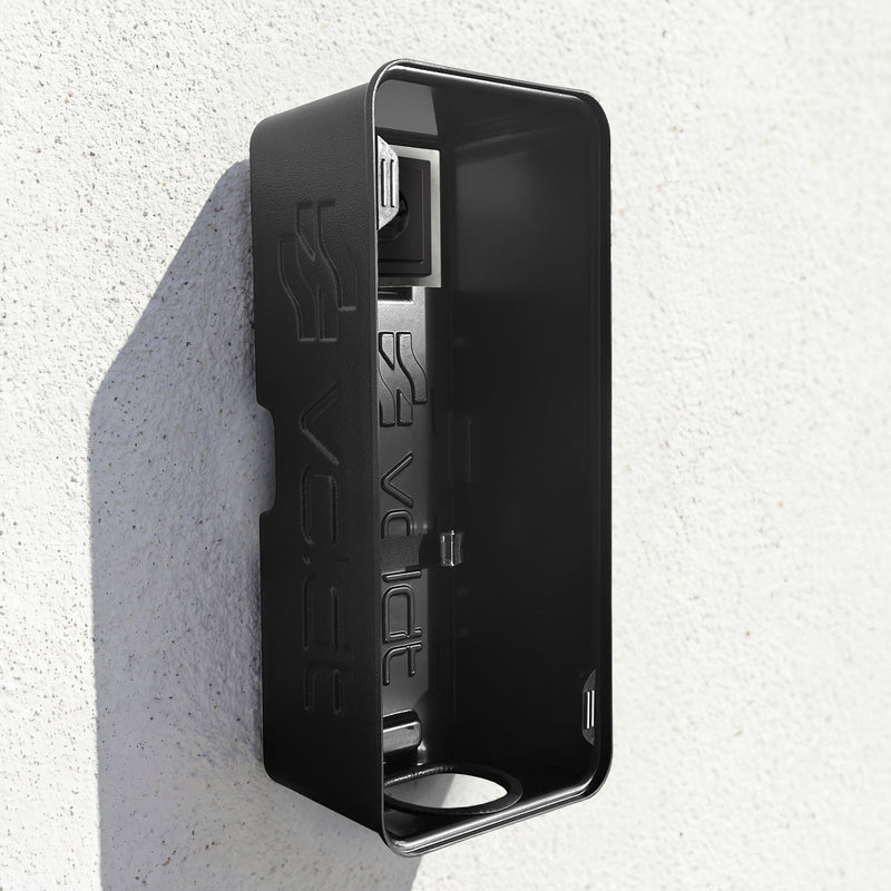 Front view of a black wall-mounted EV charging cable storage box