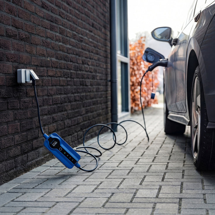 Voldt® Type 1 Portable Charger plugged into an outdoor wall socket next to a car